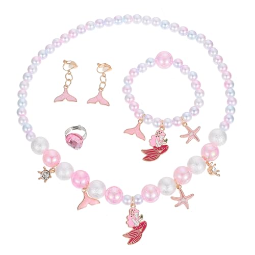 SOPOTUTU 4 Stück Teiliges Schmuckset Meerjungfrau Perlen Anhänger Halskette Ring Armband Ohrclips Bunte Kunststoffperlen Niedlicher Schmuck für Mädchen Geburtstag von SOPOTUTU