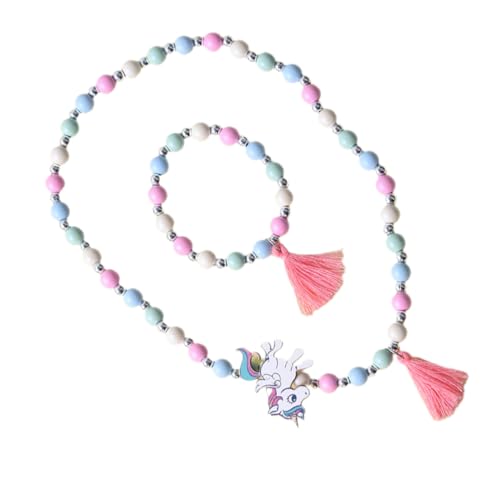 SOPOTUTU Bunte Holzperlen Kinderarmband und Einhorn Halskette Farbenfroher Kinderschmuck Verstellbar Modisch für Mädchen Geburtstag Party und Alltag Kreative Design Accessoires von SOPOTUTU