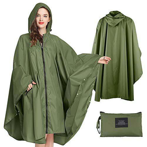 SOPPY Leichter, wasserdichter Regenponcho für Damen Herren, wiederverwendbarer Regenmantel mit Kapuze für Outdoor-Aktivitäten, schnell trocknender Regenmantel mit Kapuze, freie Größe L/XL, Armee-grün von SOPPY