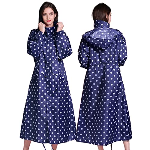 SOPPY Regenmäntel für Damen, winddicht Regenponcho, leichter Regenmäntel lange Regenjacke langer wasserdichter Mantel, schnell trocknend, Regenmäntel mit Kapuze für Damen, Navy blau Punkte, XL von SOPPY