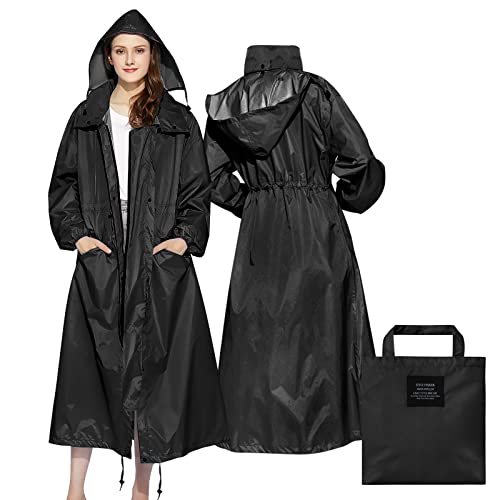 SOPPY Regenmäntel für Damen, winddicht Regenponcho, leichter Regenmäntel lange Regenjacke langer wasserdichter Mantel, schnell trocknend, Regenmäntel mit Kapuze für Damen, Schwarz, L von SOPPY