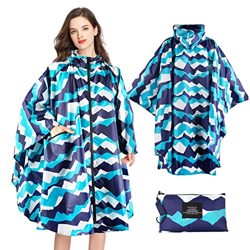 SOPPY Regenmantel für Frauen, Langer Regenponcho wasserdichte Regenbekleidung Regenjacke Winddichte Regencape Raincoat Regenschutzbekleidung mit Pattentasche Kapuze Tunnelzug, Blauer Berg(UK) von SOPPY