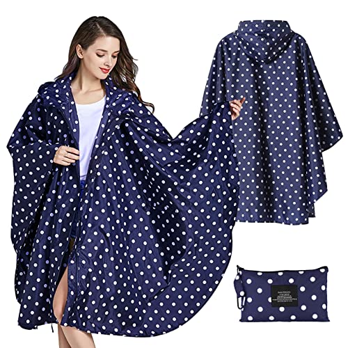 SOPPY Regenmantel für Frauen, Langer Regenponcho wasserdichte Regenbekleidung Regenjacke Winddichte Regencape Raincoat Regenschutzbekleidung mit Pattentasche Kapuze Tunnelzug, Blauer Punkt von SOPPY