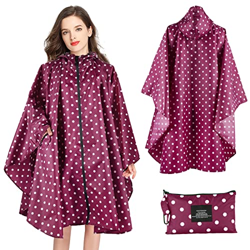 SOPPY Regenmantel für Frauen, Langer Regenponcho wasserdichte Regenbekleidung Regenjacke Winddichte Regencape Raincoat Regenschutzbekleidung mit Pattentasche Kapuze Tunnelzug, Rote Tupfen(UK) von SOPPY