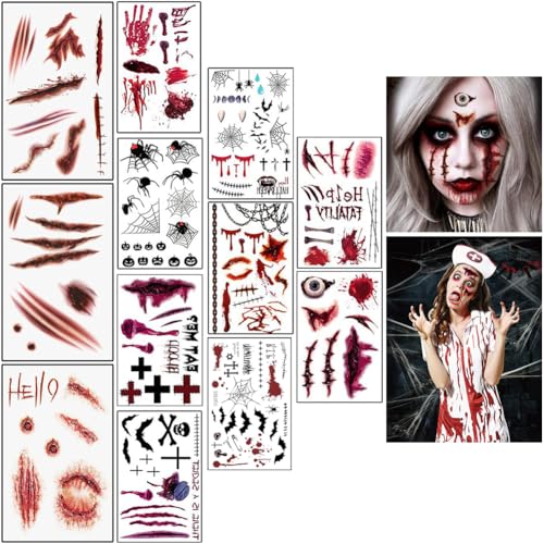 Halloween Tattoo, 16 Stück Halloween Tattoo Temporär, Halloweens Karneval Kostüm Damen Herren Gesicht Aufkleber, Zombie Vampir Hexen Horror Fake Tattoos Make Up Halloweens Kostüm Zubehör Accessoires von SORAYUXI