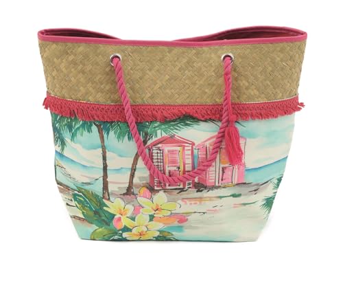 Sorbetto Damen stillvolle Strandtasche, praktische Shopper oder große Badetasche, 60 x 49 cm, Pink mit Meerprint von Sorbetto