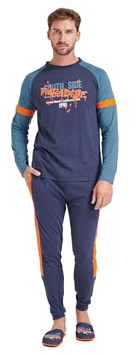 Sorbetto Herren stylischer Pyjama als Langer Schlafanzug aus Baumwolle, Langarm Dunkelblau/Orange, Gr. XXL von Sorbetto