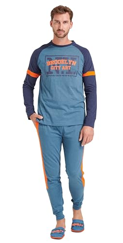Sorbetto Herren stylischer Pyjama als Langer Schlafanzug aus Baumwolle, Langarm Hellblau/Orange, Gr. L von Sorbetto