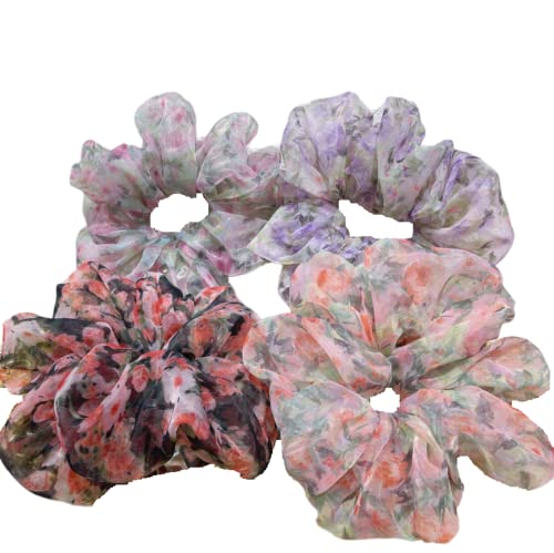 Satin-Haargummis für Frauen, 4 Stück, großer Organza-Blumen-Dickdarm-Kreis-Haar-Kreis-Mädchen-Kopf-Kreis-Haar-Accessoires von SORTZ