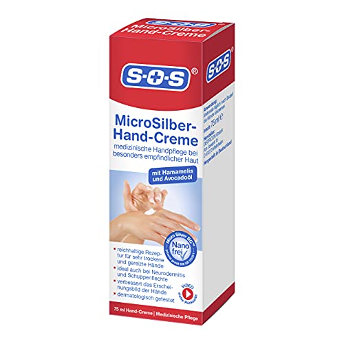 SOS MicroSilber Hand-Creme, 1 x 75 ml, reichhaltige Handcreme für sehr trockene Hände mit Panthenol und Urea, Neurodermitis Creme mit wertvollem MicroSilber gegen Entzündungen von SOS