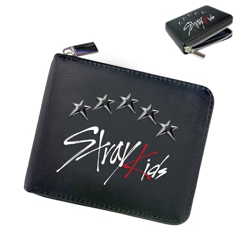 Stray Schwarz Unisex Geldbeutel für Stay, SKZ PU Leder Portmonee mit Reißverschluss und Stern Anhänger, Kpop Portemonnaie mit 1 SKZ 3D Aufkleber und 2 SKZ Photocard von SOSAYI