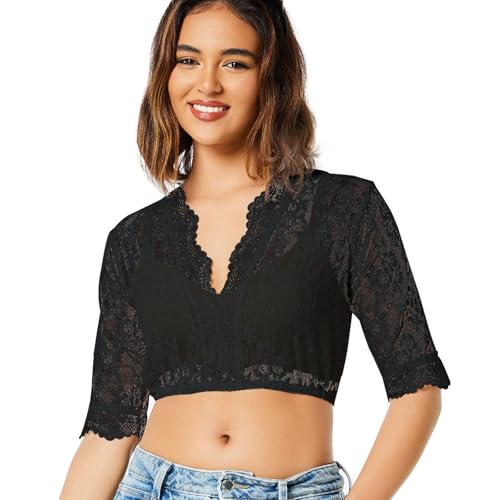 SOSHIEE Damen Trachtenbluse Dirndl Bluse Spitze - Kurzarm Oktoberfest Dirndlblusen Halbarm, Schwarz, 46, Etwas größere Größe von SOSHIEE