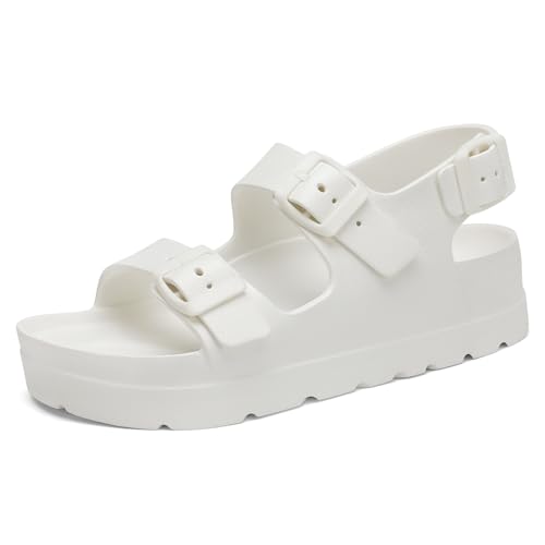 SOSOWHLTE Damen Plateau-Sandalen mit Fußgewölbeunterstützung, 3 verstellbare Riemen, Sommersandalen, Strandsandalen, leicht, rutschfest, Weiss/opulenter Garten, 40 EU von SOSOWHLTE