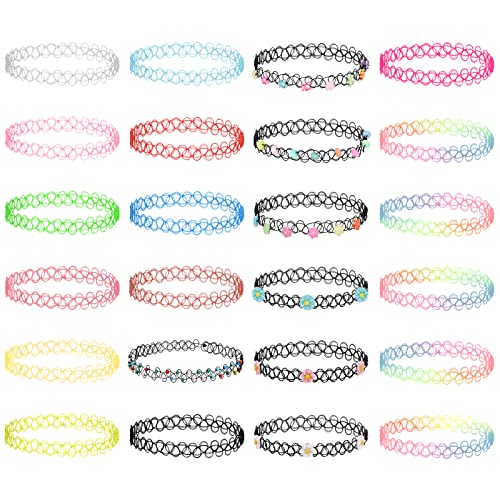 SOSPIRO 24 Stück Elastische Halskette Tattoo Choker Mädchen Stretch Choker Kette Set Halsband Halskette Kette Rainbow Armband für Mädchen Frauen Teen Mädchen Kinder von SOSPIRO