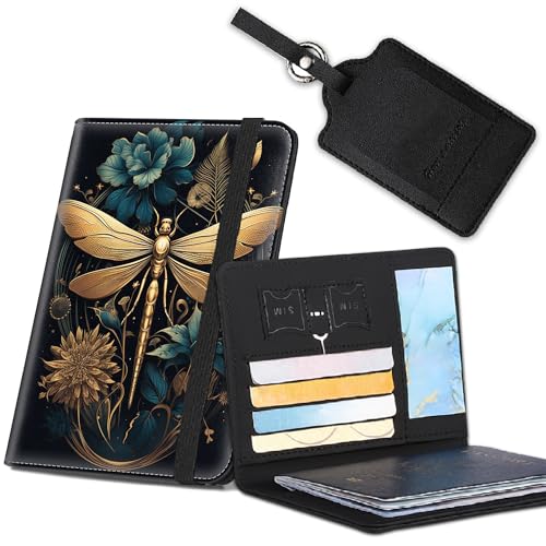 Reisepasshülle für Damen und Herren mit RFID-Blockierung, wasserdichtes Reisepassetui und Gepäckanhänger-Set, PU-Leder, Reisedokumenten-Organizer, Reisepasshülle mit Kartenschlitz, Libellenkunst, von SOTWONSO