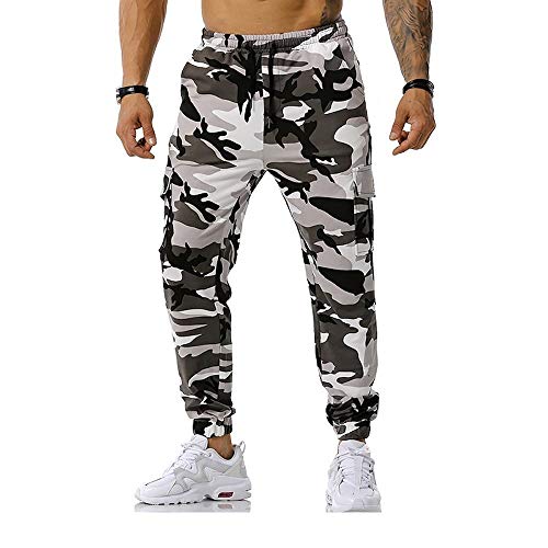 Sougao Jogginghose Herren Sport Fitness Jogging Lässig Multi Taschen Camouflage Cargo Hose Militär, grau, 56 von SOUGAO