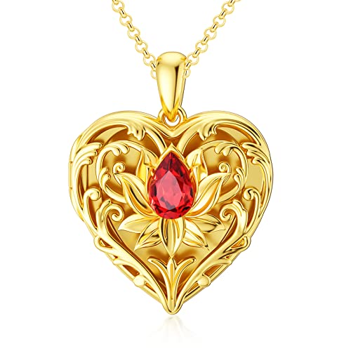 18 kt Gold gefülltes silbernes Herz geformt Lotus Locket Halskette That Holds 1 Bild mit rotem Ruby Kristall, 18 Zoll (Locket only) von SOULMEET