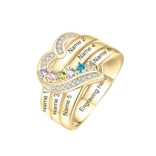 SOULMEET 1–8 Herz-Geburtsstein-Goldringe für Mutter mit gravierten Familiennamen, individuelles Geschenk für Oma, Mutter, Tochter, Ehefrau von SOULMEET