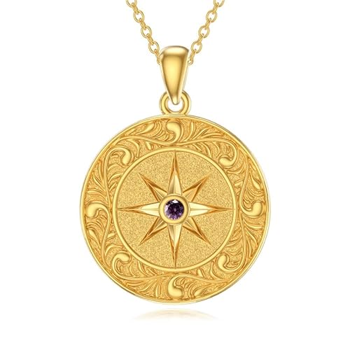 SOULMEET 18K Gelbgold vergoldet Silber Jungfrau Maria Runde Birthstone Gebet Heilung Halskette Geschenk für Frauen Muttertag Geburtstag Thanksgiving Weihnachten (Februar) von SOULMEET