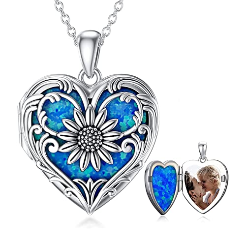 SOULMEET 925 Sterling Silber Medaillon Halskette, die Bild Fotos personalisierte Herz Sonnenblumen Anhänger Halskette hält mit Blau Opal von SOULMEET