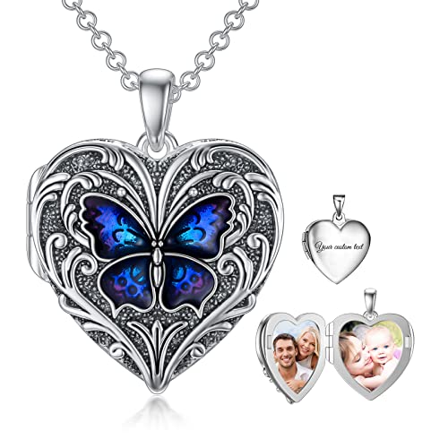 SOULMEET 925 Sterling Silber Schmetterling Herz Medaillon Halskette Hält 2 Bilds Personalisierte Fotos Anhänger Halskette für Frauen Mädchen von SOULMEET