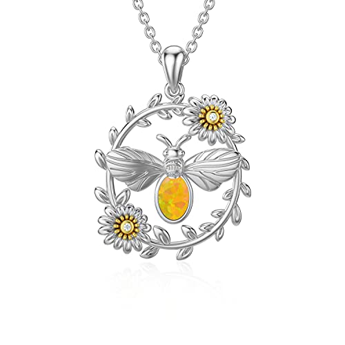 SOULMEET Biene Sonnenblume Silber Halskette mit Gelbgold synthetischem Opal Honigbiene umgeben von Sonnenblume Ovale Anhänger Halskette 925 Sterling Silber Schmuck Geschenk für Mutter Frauen Mädchen von SOULMEET