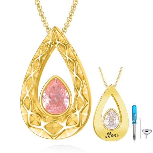 SOULMEET Crushed Ice Cut Simulated Heart Teardrop Halskette für Asche benutzerdefinierte Gold/Silber Birthstone Urne Medaillon Keepsake Kremation Schmuck für Haustier menschliche Asche 10 Text von SOULMEET