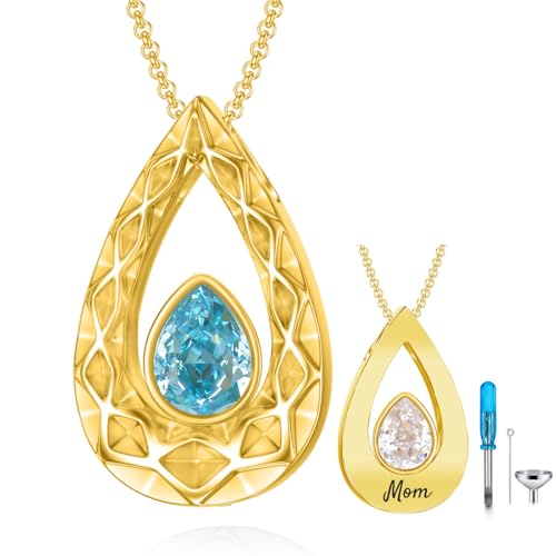 SOULMEET Crushed Ice Cut Simulated Heart Teardrop Halskette für Asche benutzerdefinierte Gold/Silber Birthstone Urne Medaillon Keepsake Kremation Schmuck für Haustier menschliche Asche 12 Text von SOULMEET