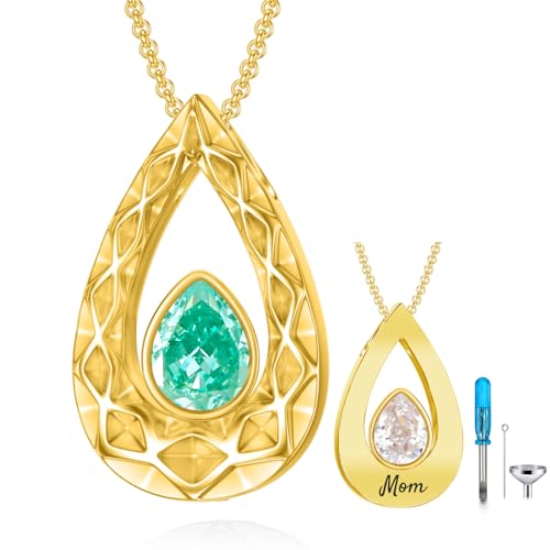 SOULMEET Crushed Ice Cut Simulated Heart Teardrop Halskette für Asche benutzerdefinierte Gold/Silber Birthstone Urne Medaillon Keepsake Kremation Schmuck für Haustier menschliche Asche-5-Text von SOULMEET