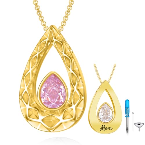 SOULMEET Crushed Ice Cut Simulated Heart Teardrop Halskette für Asche benutzerdefinierte Gold/Silber Birthstone Urne Medaillon Keepsake Kremation Schmuck für Haustier menschliche Asche 6 Text von SOULMEET
