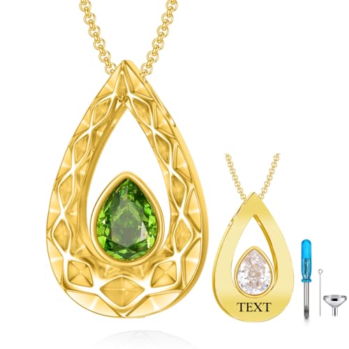 SOULMEET Crushed Ice Cut Simulated Heart Teardrop Halskette für Asche benutzerdefinierte Gold/Silber Birthstone Urne Medaillon Keepsake Kremation Schmuck für Haustier menschliche Asche-8-Text von SOULMEET