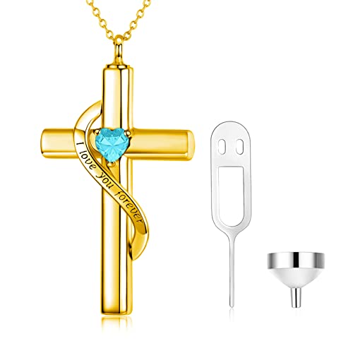 SOULMEET Crystal Cross Halskette für Asche, Gold Plated Silver I Love You Forever Birthstone März Kreuz Urne Halsketten für Asche Keepsake Kremationsschmuck für Haustier menschliche Asche von SOULMEET