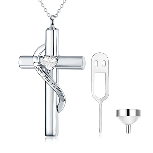 SOULMEET Crystal Cross Halskette für Asche, Sterling Silber Ich liebe dich für immer Birthstone April Kreuz Urne Halsketten für Asche Keepsake Kremation Schmuck für Haustier menschlichen Asche von SOULMEET