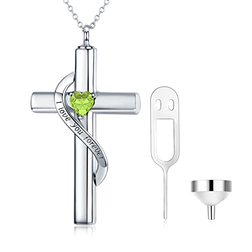 SOULMEET Crystal Cross Halskette für Asche, Sterling Silber Ich liebe dich für immer Birthstone August Kreuz Urne Halsketten für Asche Keepsake Kremation Schmuck für Haustier menschlichen Asche von SOULMEET