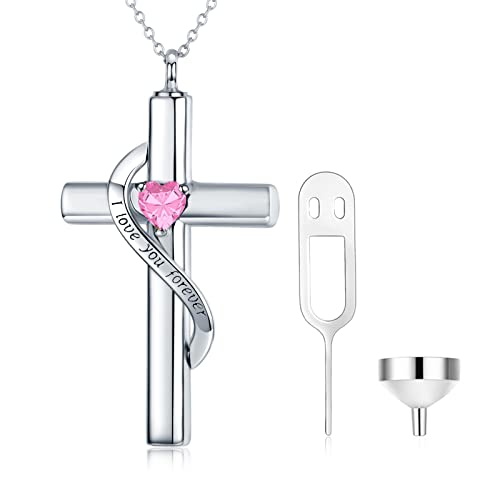 SOULMEET Crystal Cross Halskette für Asche, Sterling Silber Ich liebe dich für immer Birthstone Oktober Kreuz Urne Halsketten für Asche Keepsake Einäscherung Schmuck für Haustier menschliche Asche von SOULMEET