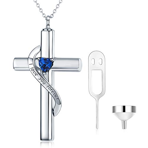 SOULMEET Crystal Cross Halskette für Asche, Sterling Silber Ich liebe dich für immer Birthstone September Kreuz Urne Halsketten für Asche Keepsake Kremation Schmuck für Haustier menschlichen Asche von SOULMEET