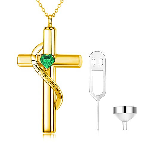 SOULMEET Crystal Cross Halskette für Asche, vergoldet Silber Ich liebe dich für immer Birthstone Mai Kreuz Urne Halsketten für Asche Keepsake Kremation Schmuck für Haustier menschliche Asche von SOULMEET