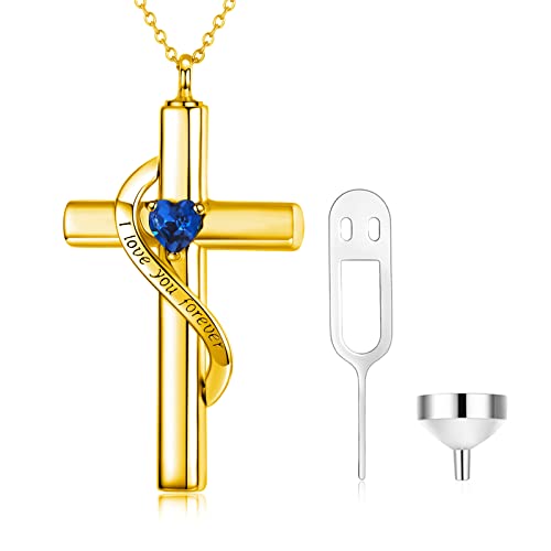 SOULMEET Crystal Cross Halskette für Asche, vergoldet Silber Ich liebe dich für immer Birthstone September Kreuz Urne Halsketten für Asche Keepsake Einäscherung Schmuck für Haustier menschlichen Asche von SOULMEET