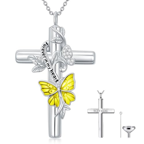 SOULMEET Gelb Schmetterling Urnen Anhänger mit Kreuz Silber Moissanit Kreuz Schmetterling Asche Kette Für immer in meinem Herzen Andenken Krematorium Schmuck für Menschen (Benutzerdefinierter Text) von SOULMEET