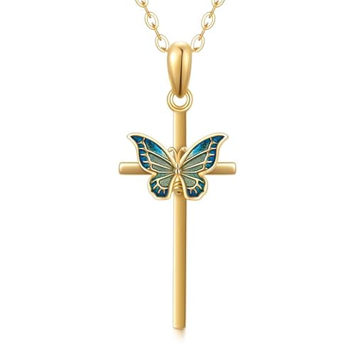 SOULMEET Gold Blau- Grüner Farbverlauf Schmetterling Kreuz Sterling Silber Charme Anhänger Halskette Religiöses Modegeschenk für Frauen von SOULMEET
