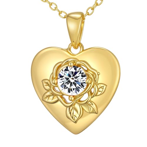 SOULMEET Gold Herz Anhänger mit Rosenmotiv und Geburtsstein Silberkette für Frauen Ehefrau Freundin Mutter Geschenk zum Valentinstag Muttertag Geburtstag (April) von SOULMEET