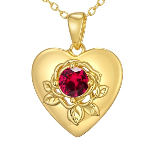 SOULMEET Gold Herz Anhänger mit Rosenmotiv und Geburtsstein Silberkette für Frauen Ehefrau Freundin Mutter Geschenk zum Valentinstag Muttertag Geburtstag (Juli) von SOULMEET