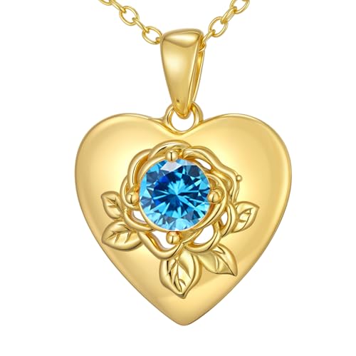 SOULMEET Gold Herz Anhänger mit Rosenmotiv und Geburtsstein Silberkette für Frauen Ehefrau Freundin Mutter Geschenk zum Valentinstag Muttertag Geburtstag (März) von SOULMEET