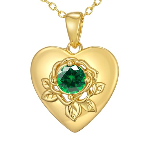 SOULMEET Gold Herz Anhänger mit Rosenmotiv und Geburtsstein Silberkette für Frauen Ehefrau Freundin Mutter Geschenk zum Valentinstag Muttertag Geburtstag (Mai) von SOULMEET