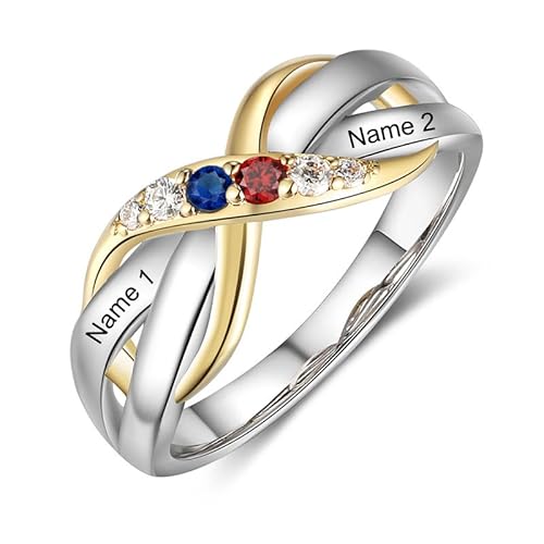 SOULMEET Goldring für Mütter mit Unendlichkeitssymbol Farbtrennung und Herzschliff zwei Geburtsstein Mutterringe 925 Silber Weißgold personalisierter Namensring Gold 9/14/18 Karat zierlich von SOULMEET