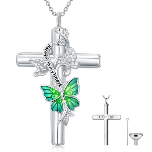 SOULMEET Grün Schmetterling Urnen Anhänger mit Kreuz Silber Moissanit Kreuz Schmetterling Asche Kette Für immer in meinem Herzen Andenken Krematorium Schmuck für Menschen (Benutzerdefinierter Text) von SOULMEET