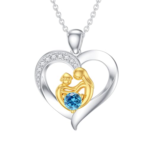 SOULMEET Herz Mama Halskette mit Geburtsstein Weißgold vergoldet Silber Mutter Anhänger neue Mutter Geschenk für Geburtstag Weihnachten Erntedank Muttertag (März) von SOULMEET
