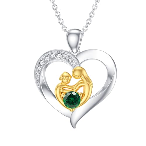 SOULMEET Herz Mama Halskette mit Geburtsstein Weißgold vergoldet Silber Mutter Anhänger neue Mutter Geschenk für Geburtstag Weihnachten Erntedank Muttertag (Mai) von SOULMEET
