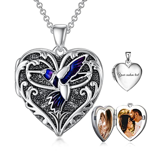 SOULMEET Herz geformt Kolibri Vogel Medaillon Halskette, die 2 Bilder hält Foto Tier Personalisierte Medaillon Halskette Sterling Silber,Gravurfähig von SOULMEET