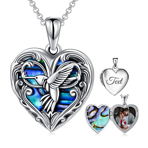 SOULMEET Herz geformt Kolibri Vogel Medaillon Halskette mit Abalone Muschel, die 1 Bilder hält Foto Tier Personalisierte Medaillon Halskette Sterling Silber,Gravurfähig von SOULMEET